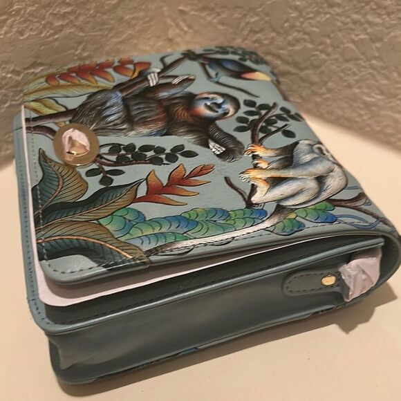 Anuschka Painted Sloth Jungle Print Front Flap Messenger Bag Blue Leather NWT - Picture 11 of 15
